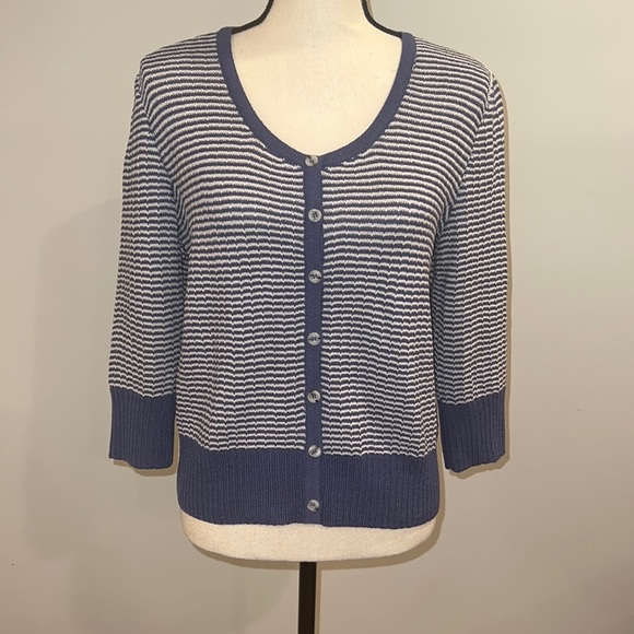 🟢 St. John Blue and White Nautical Button Down Cardigan - Picture 2 of 6
